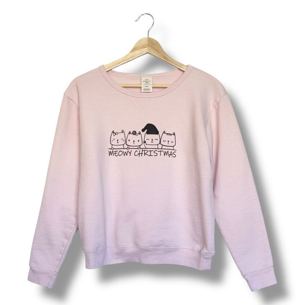 Hanes Girl’s Pink “Meowy Christmas” Cat Sweatshirt Size Medium